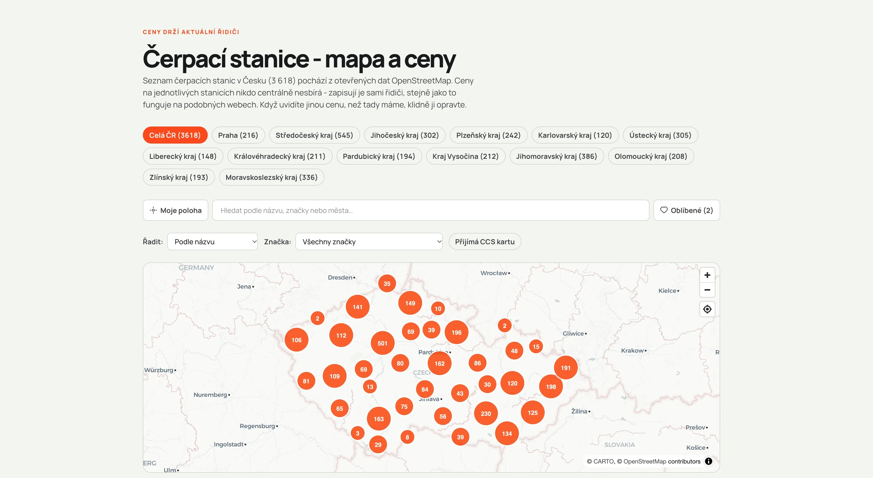 Mapa čerpacích stanic v Česku na webu Ceny benzínu